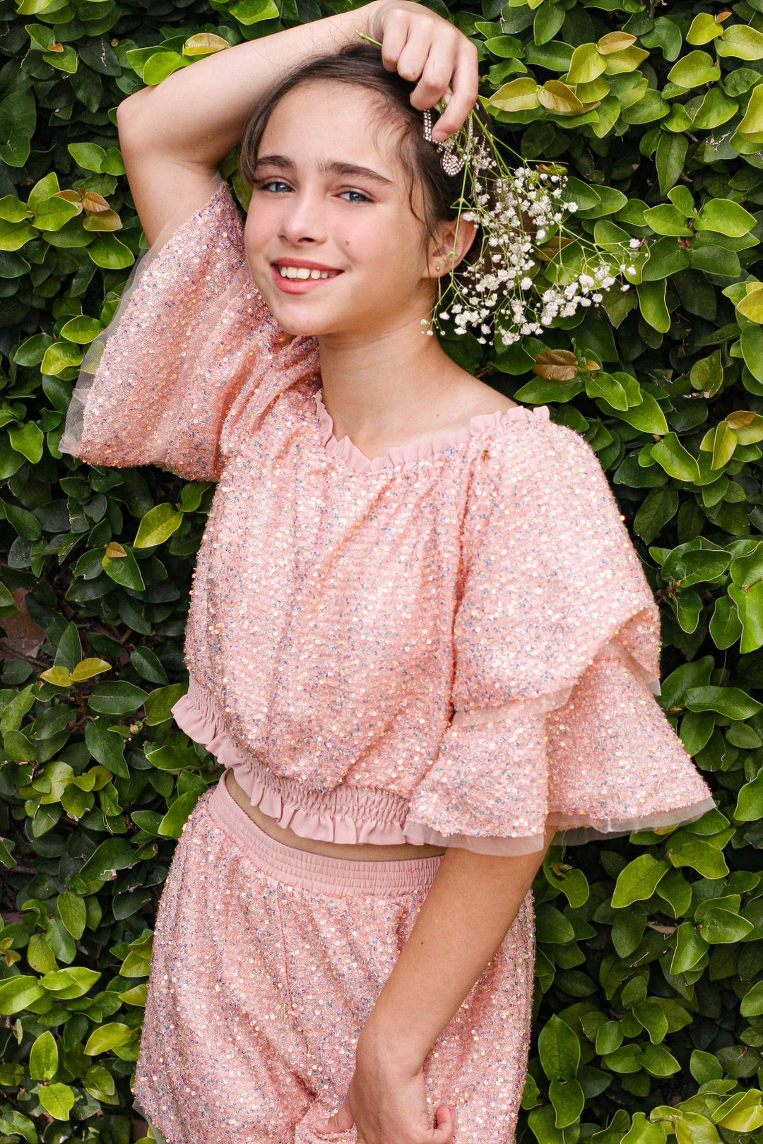 Iridescent Ruffled Short Sleeve Sequin Crop Top