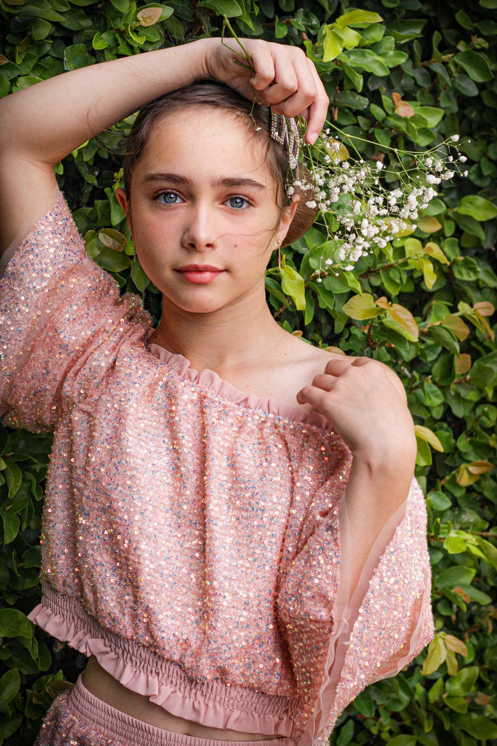 Iridescent Ruffled Short Sleeve Sequin Crop Top