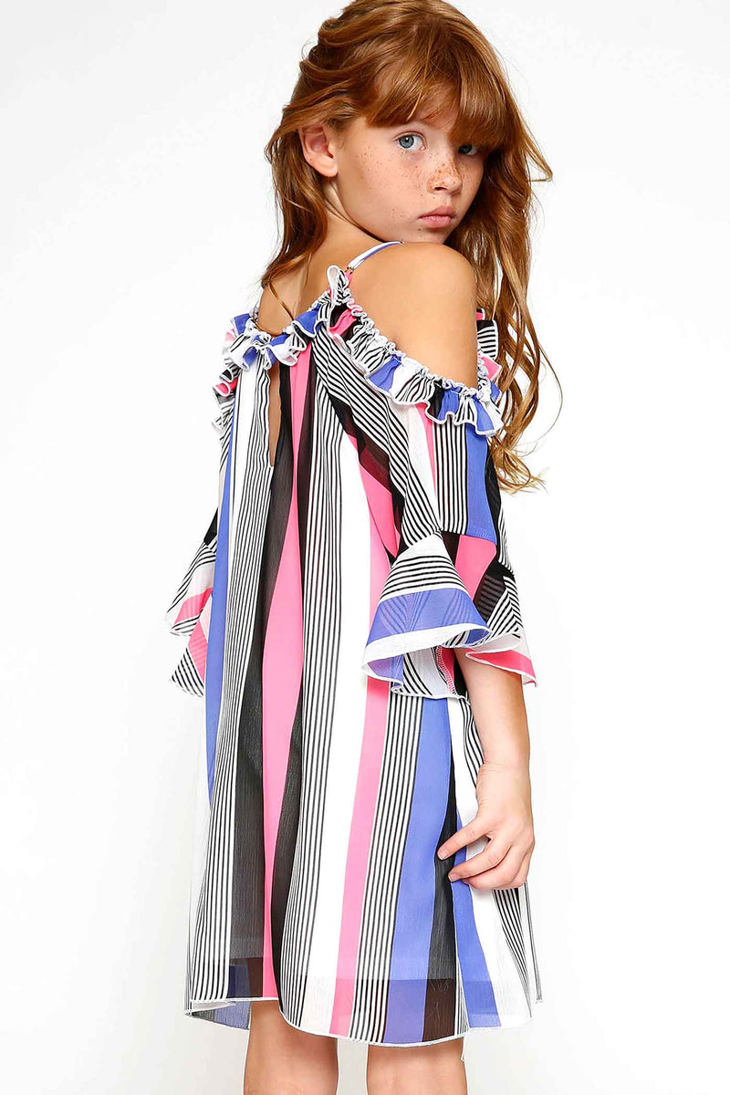 Truly Me Girls Color Striped Cold Shoulder Chiffon Dress