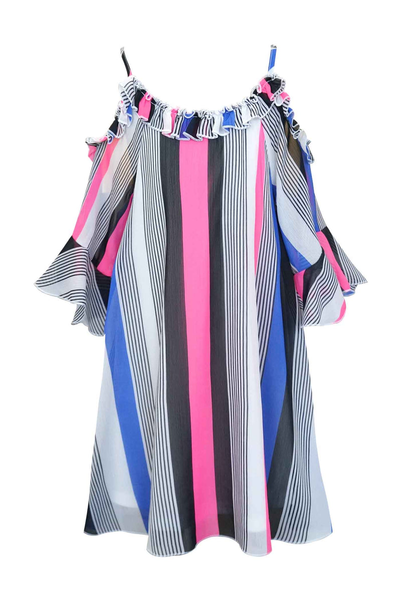 Truly Me Girls Color Striped Cold Shoulder Chiffon Dress