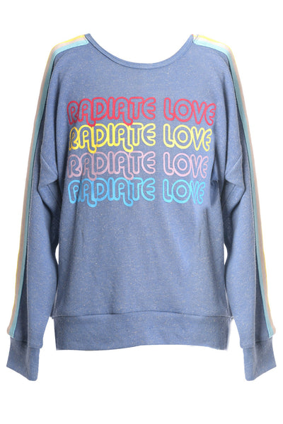 LONG SLEEVE TOP WITH RADIATE LOVE RAINBOW PRINT AND SLEEVE TRIM DETAIL