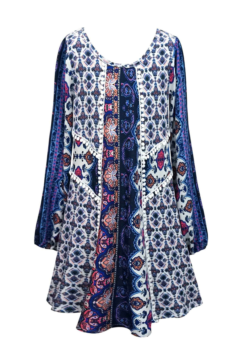 Truly Me Girls Long Sleeve Mixed Print Boho Style Dress