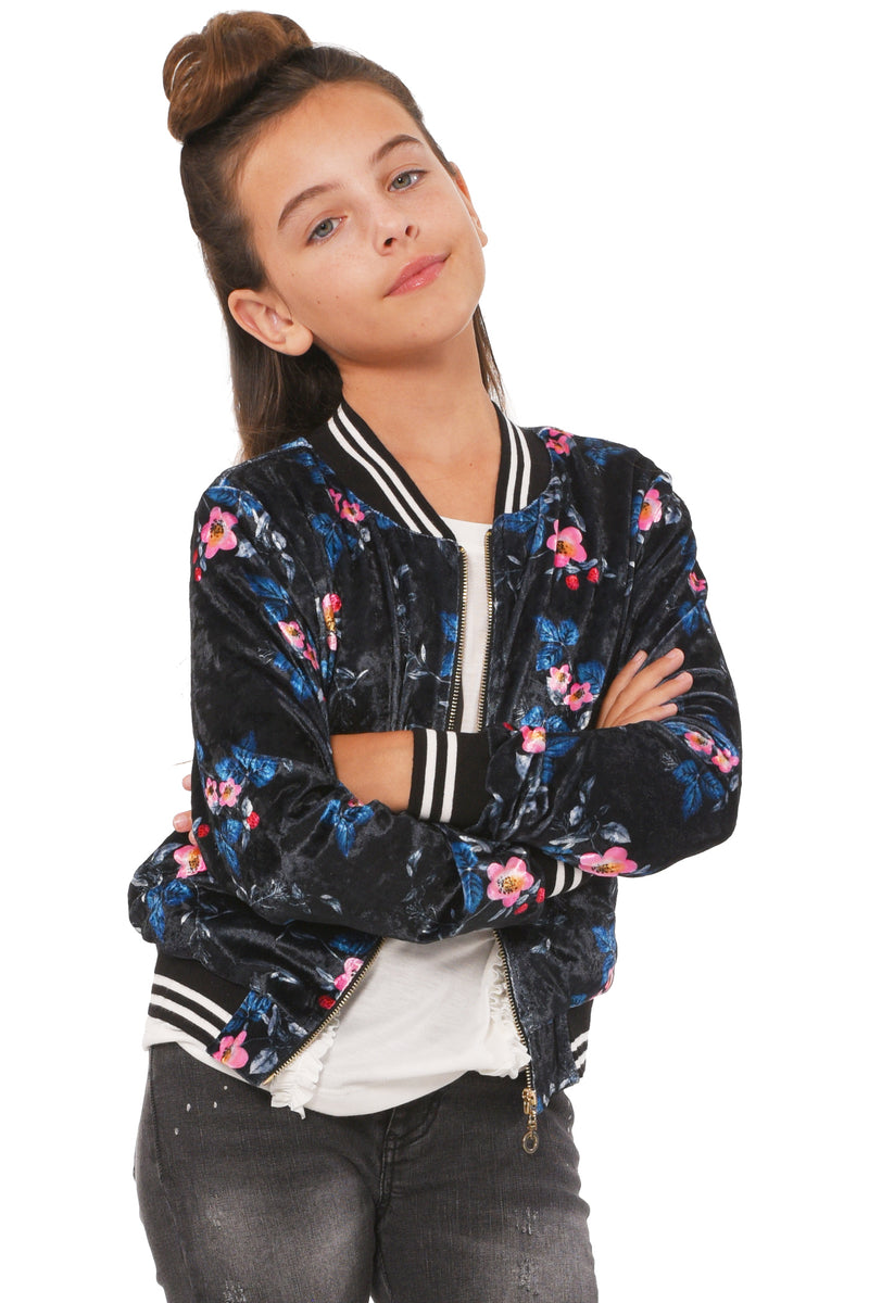 Truly Me Big Girls Floral Print Velvet Bomber Jacket