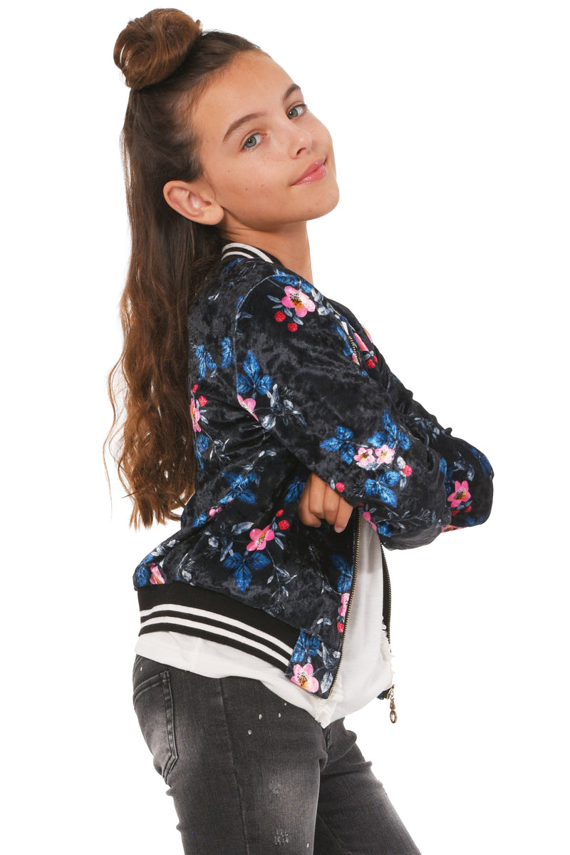 Truly Me Big Girls Floral Print Velvet Bomber Jacket