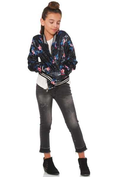 Truly Me Big Girls Floral Print Velvet Bomber Jacket