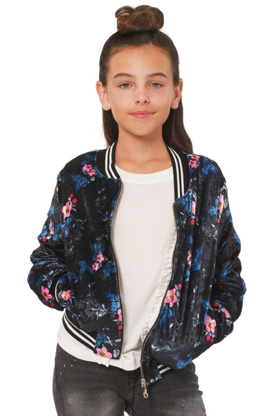 Truly Me Big Girls Floral Print Velvet Bomber Jacket