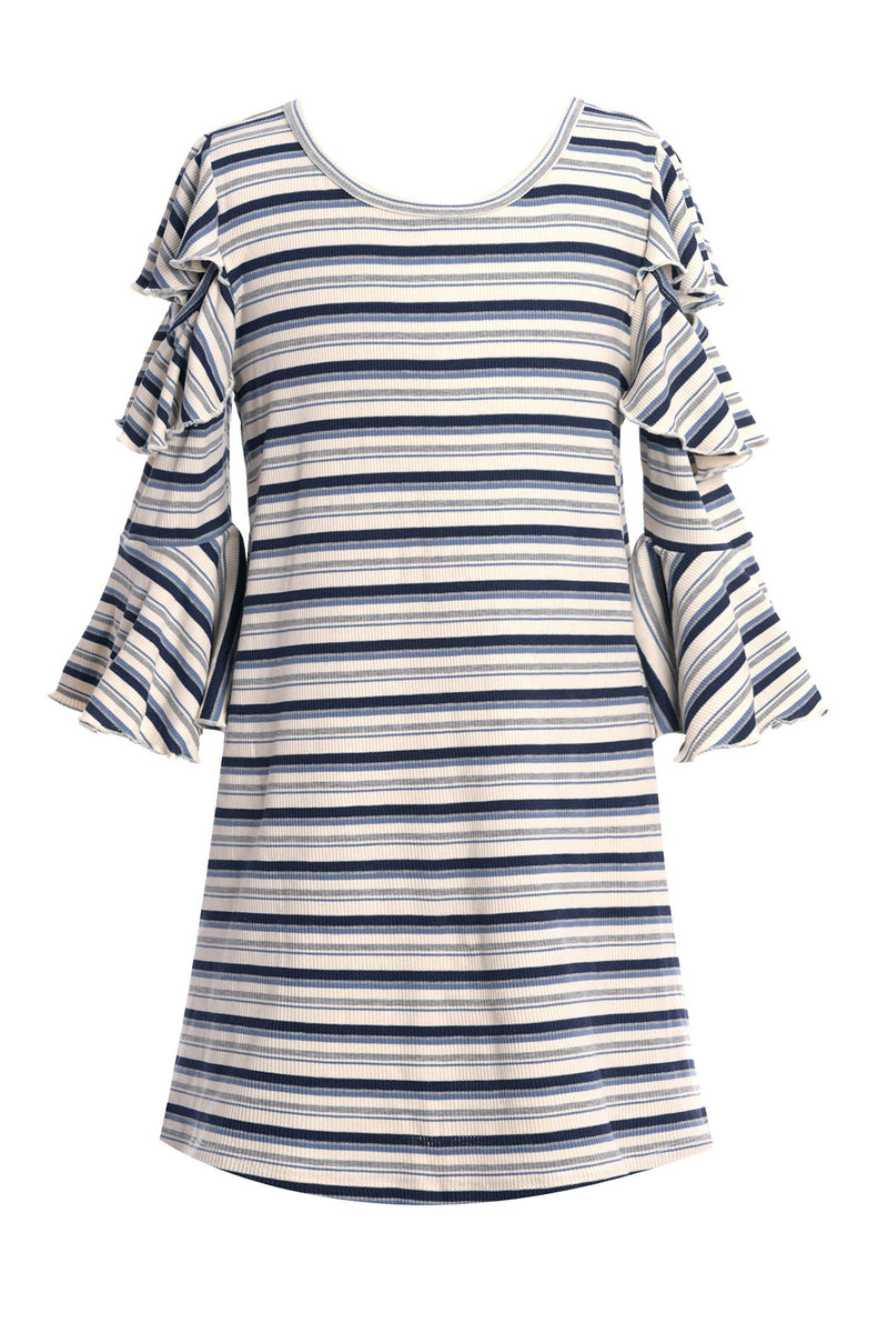 STRIPE RIB DRESS WITH COLD SHOULDER RUFFLE SLEEVE DETAIL