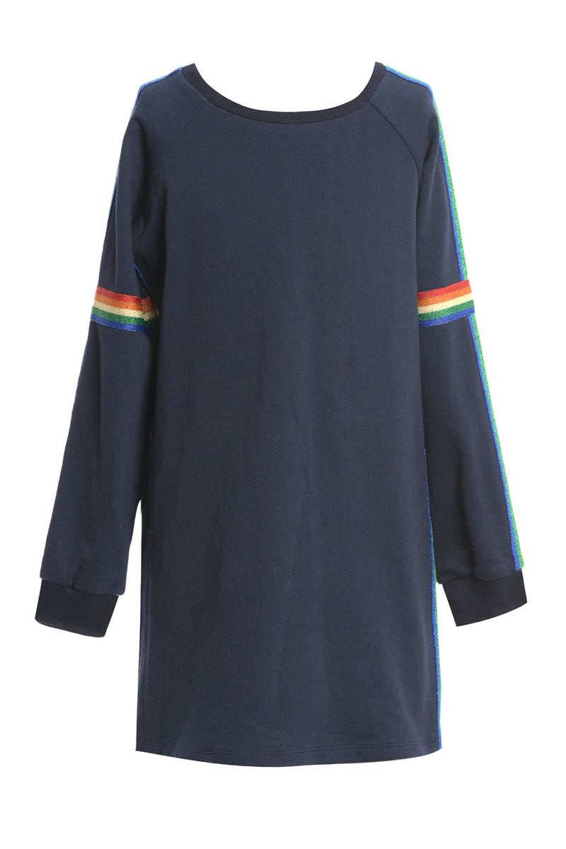 LONG SLEEVE A-LINE DRESS WITH LUREX RAINBOW TRIM DETAIL AT SLEEVES AND SIDE SEAM
