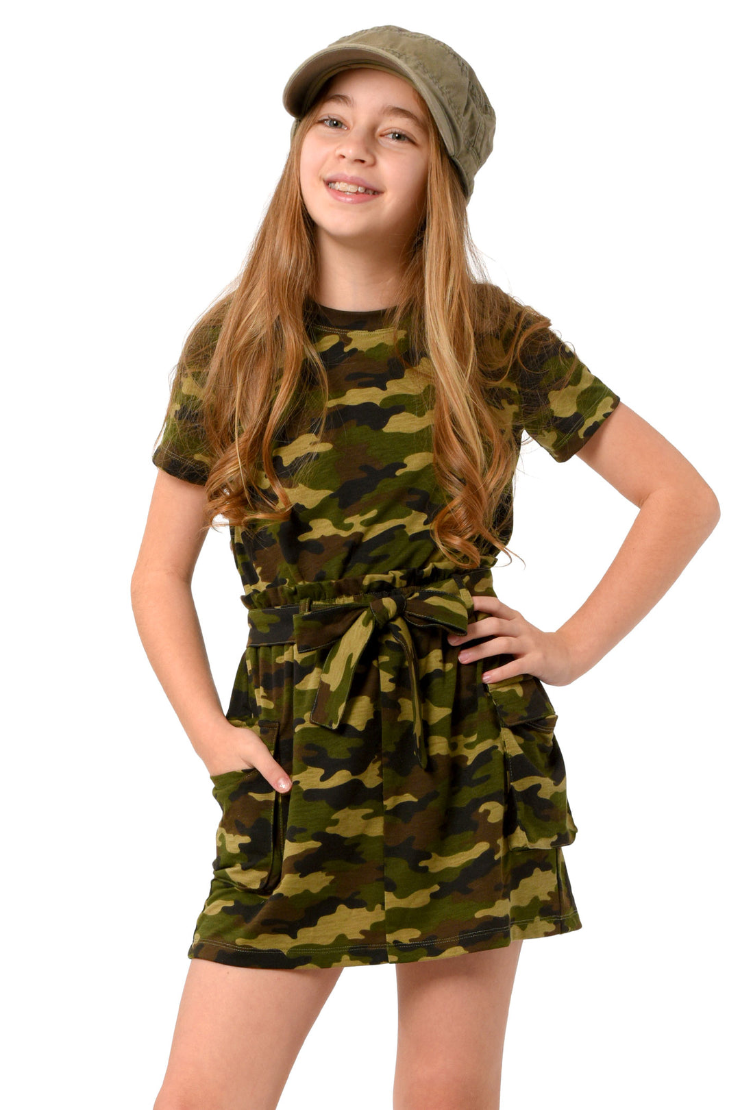 Big girl's Short sleeve camo dress with cargo pocket and sash