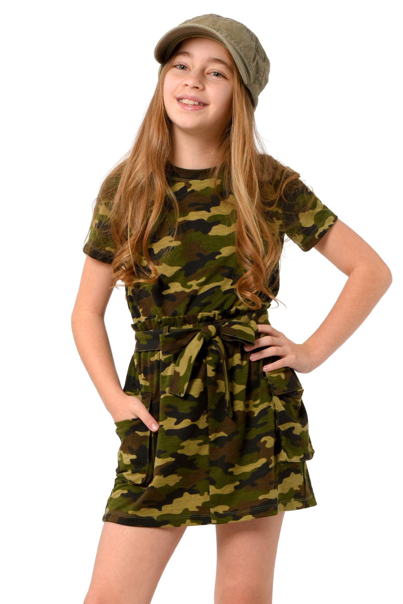 Big girl's Short sleeve camo dress with cargo pocket and sash