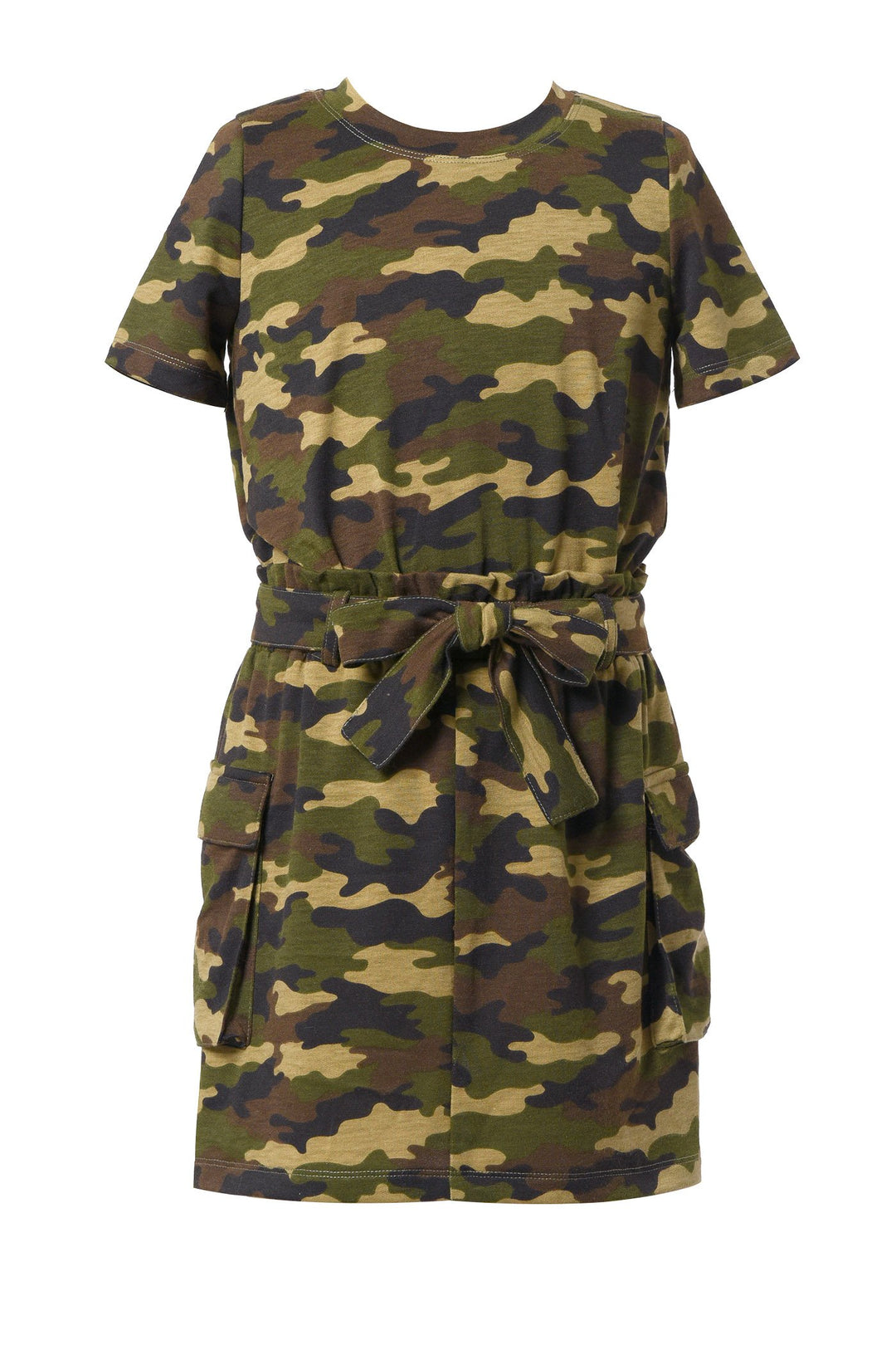 Big girl's Short sleeve camo dress with cargo pocket and sash