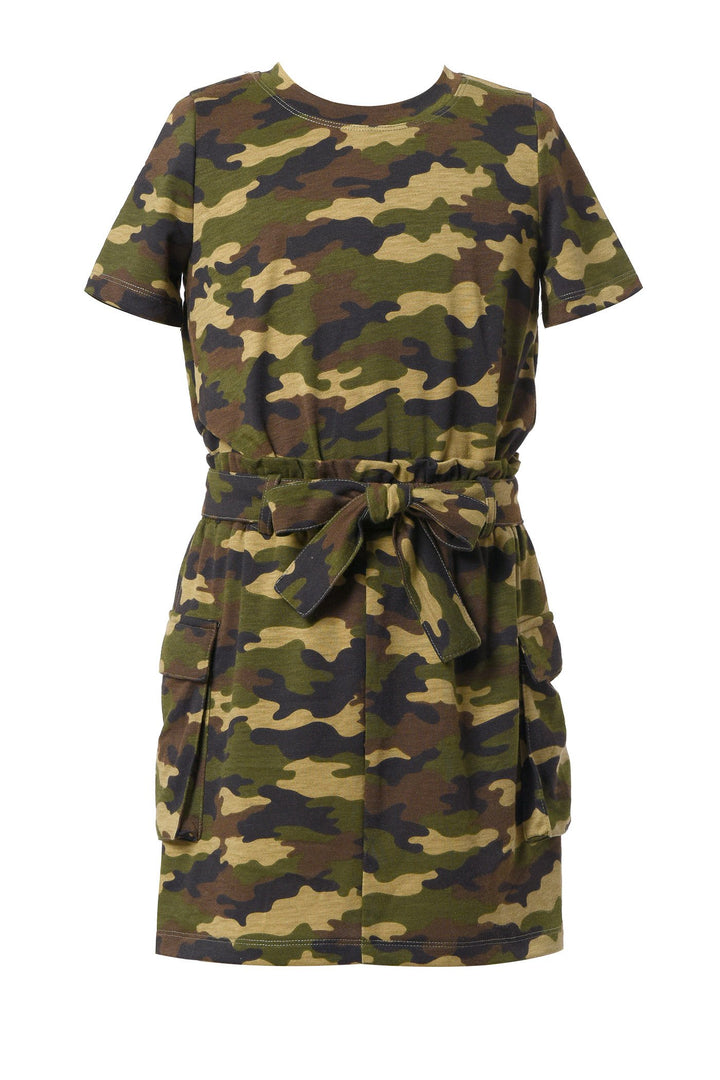 Big girl's Short sleeve camo dress with cargo pocket and sash