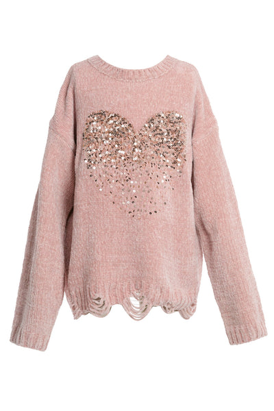 LONG SLEEVE SWEATER TOP W/ SEQUIN HEART DETAIL