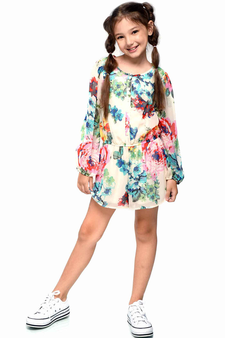 Big Girls Floral Print Long Sleeve Chiffon Romper