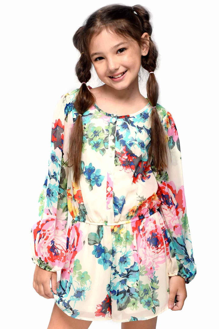 Big Girls Floral Print Long Sleeve Chiffon Romper