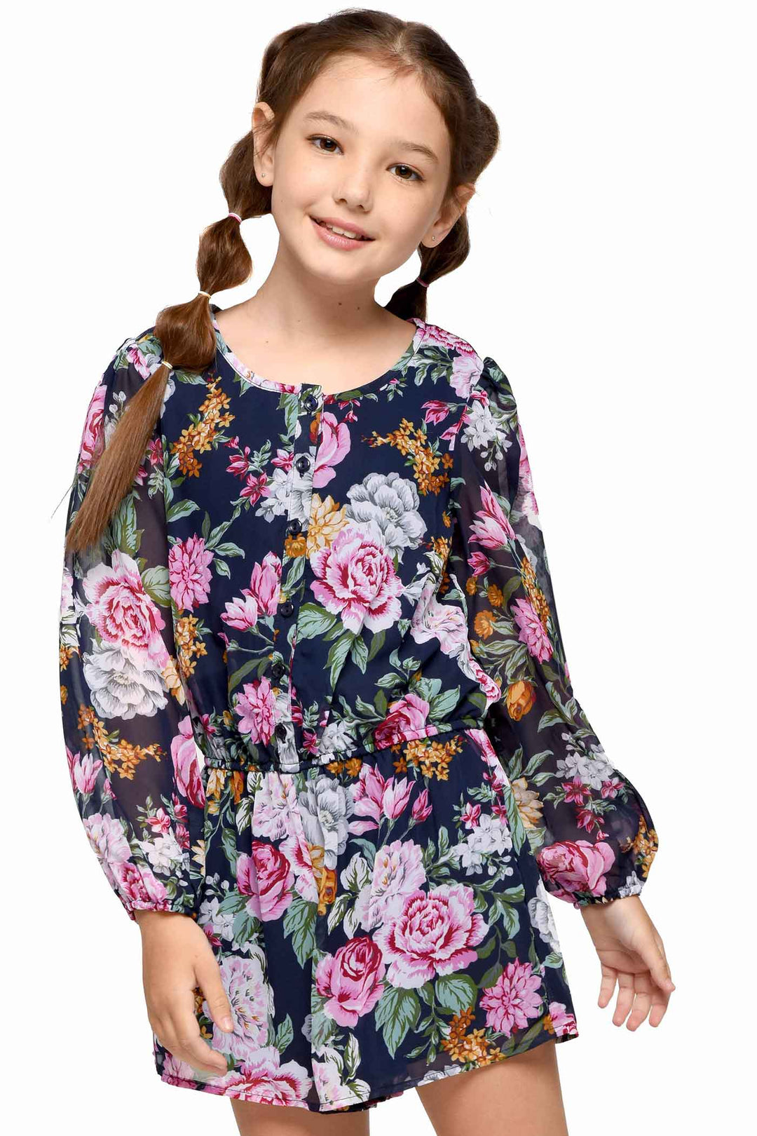 Big Girls Floral Print Long Sleeve Chiffon Romper