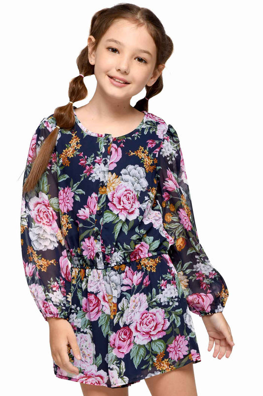 Big Girls Floral Print Long Sleeve Chiffon Romper