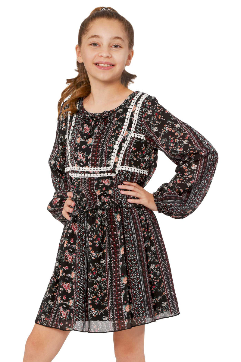 Truly Me Big Girls Long Sleeve Boho Floral Print Chiffon Dress