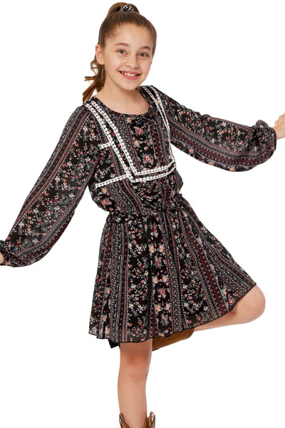 Truly Me Big Girls Long Sleeve Boho Floral Print Chiffon Dress