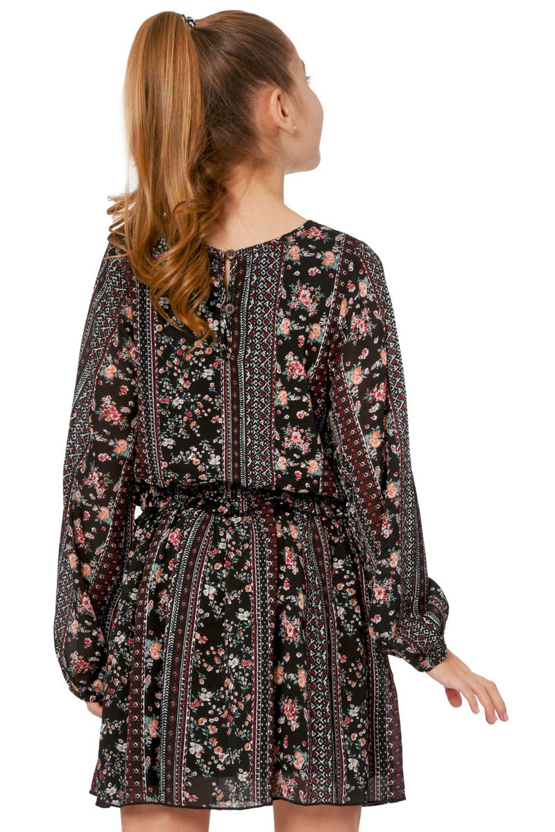 Truly Me Big Girls Long Sleeve Boho Floral Print Chiffon Dress