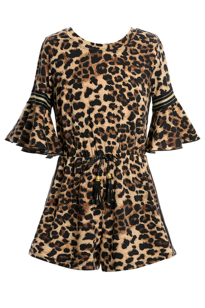 RUFFLE SLEEVE ROMPER WITH FAUX LEATHER TASSEL TIE