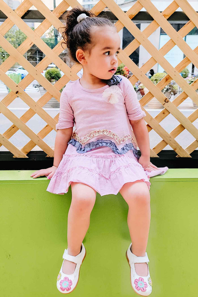 Little Girls Elbow Sleeve Ruffle Tiered Dress