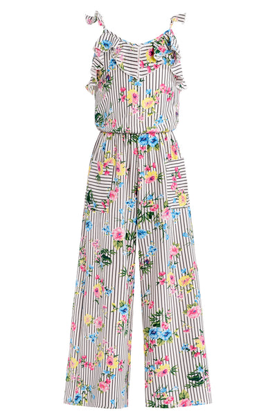 Big Girls Floral Stripe Ruffle Detail Jumpsuit