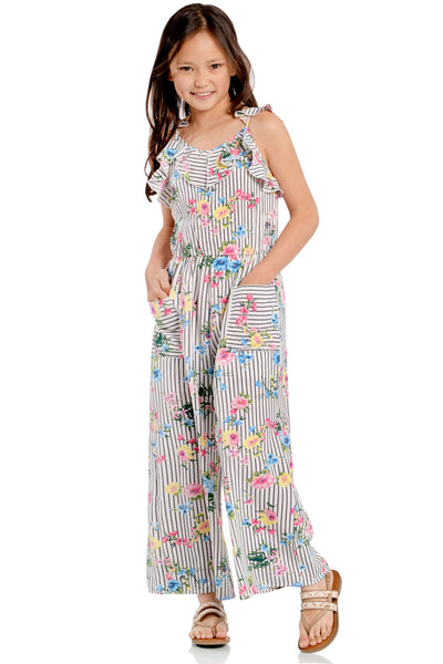 Big Girls Floral Stripe Ruffle Detail Jumpsuit