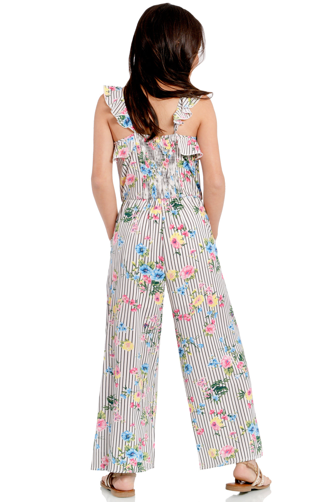 Big Girls Floral Stripe Ruffle Detail Jumpsuit