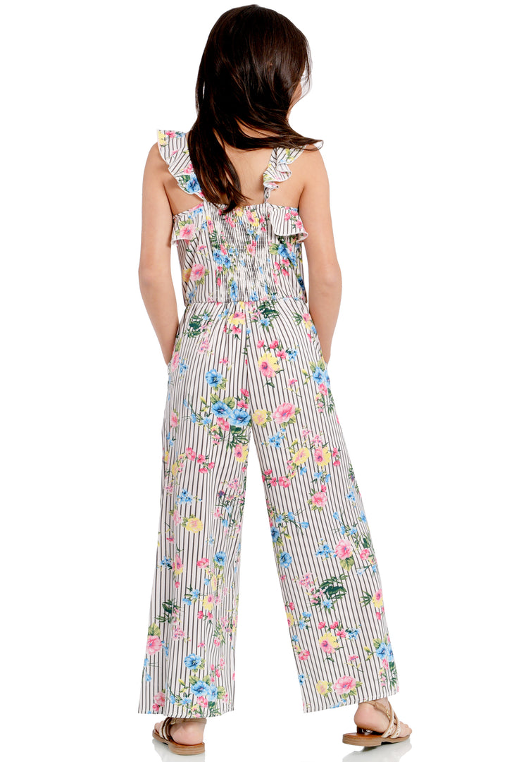 Big Girls Floral Stripe Ruffle Detail Jumpsuit