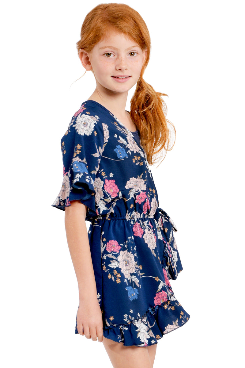 Big Girls Faux Wrap Ruffle Floral Romper