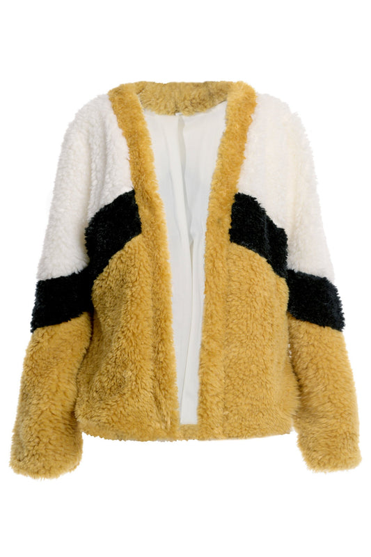 COLOR BLOCK FAUX FUR JACKET