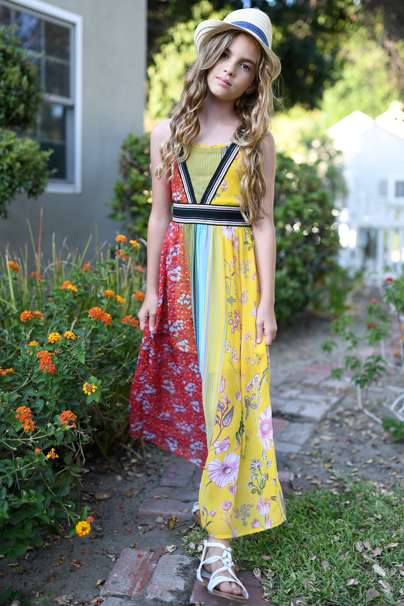 Big Girls Mixed Print Color Blocked Maxi Chiffon Dress