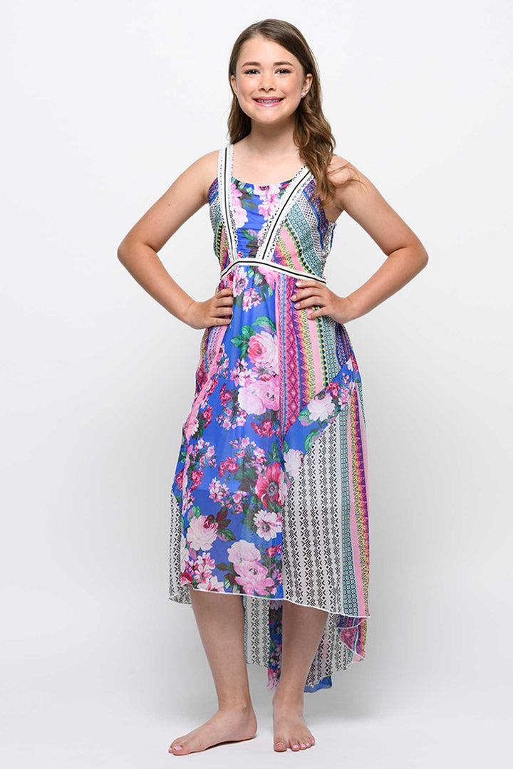 Big Girls Mixed Print High Low Chiffon Midi Dress