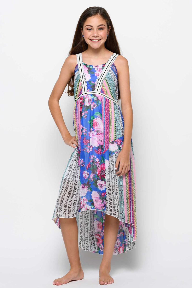 Big Girls Mixed Print High Low Chiffon Midi Dress