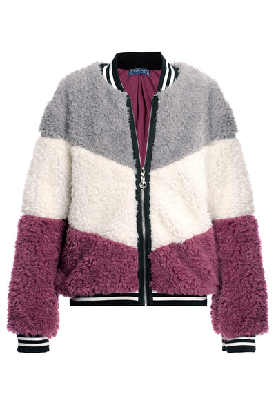 COLOR BLOCK FAUX FUR BOMBER JACKET