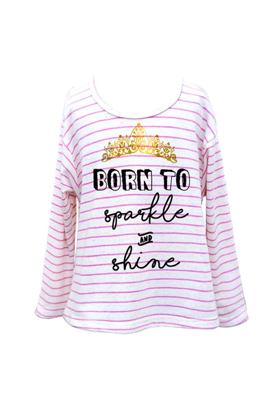 Truly Me Little Girls Crown Tiara Quote "Born to Sparkle and Shine" Striped Long Sleeve Top