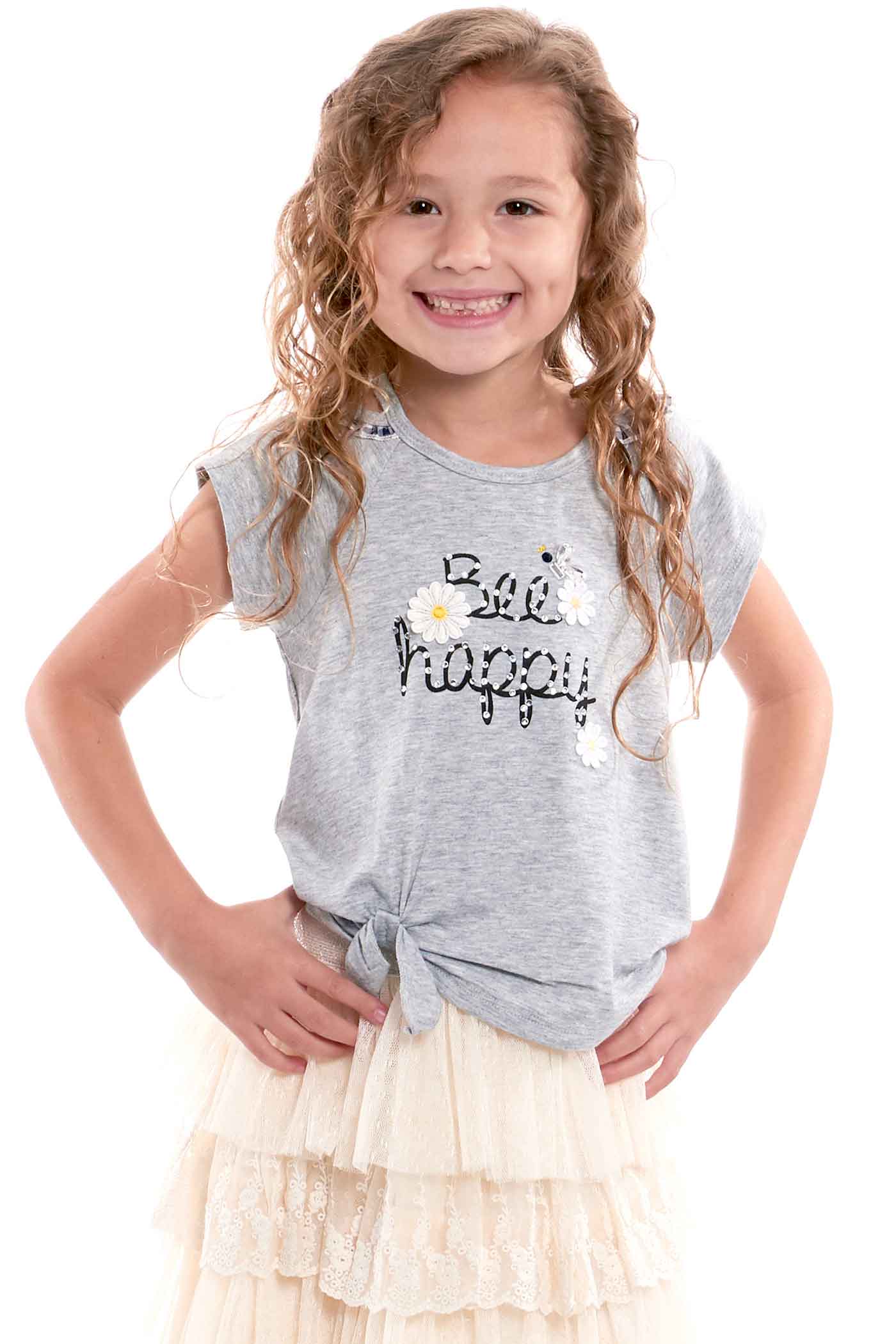 Truly Me Pink Label Little Girls Shine Sequin Star Long Sleeve Top Little Girls Toddler Daisy Floral Print Bee Happy Graphic Text Rhinestone Detail Picnic PlaidTie Front Short Sleeve T-shirt