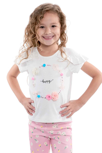 Truly Me Little Girls "Happy" Graphic text 3-D Flower Floral Rhinestone Short Pompom Sleeve Ruffled T-shirt Tee Shirt Top