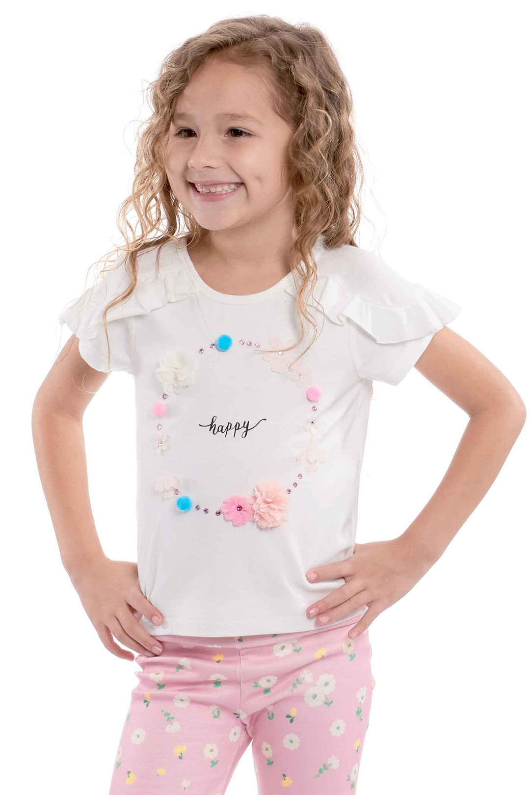 Truly Me Little Girls "Happy" Graphic text 3-D Flower Floral Rhinestone Short Pompom Sleeve Ruffled T-shirt Tee Shirt Top