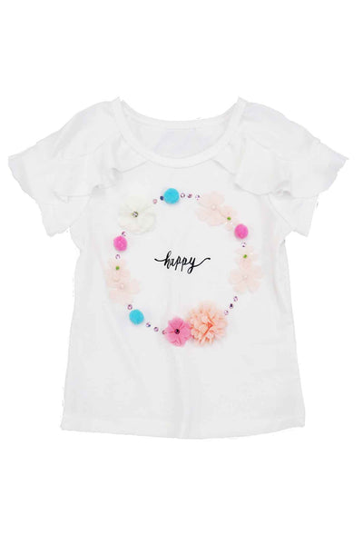 Truly Me Little Girls "Happy" Graphic text 3-D Flower Floral Rhinestone Short Pompom Sleeve Ruffled T-shirt Tee Shirt Top