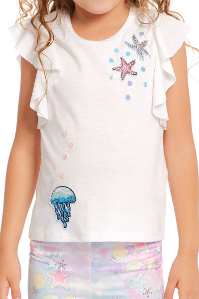 Little Girls Jellyfish and Starfish Ruffled Short Sleeve T-shirt