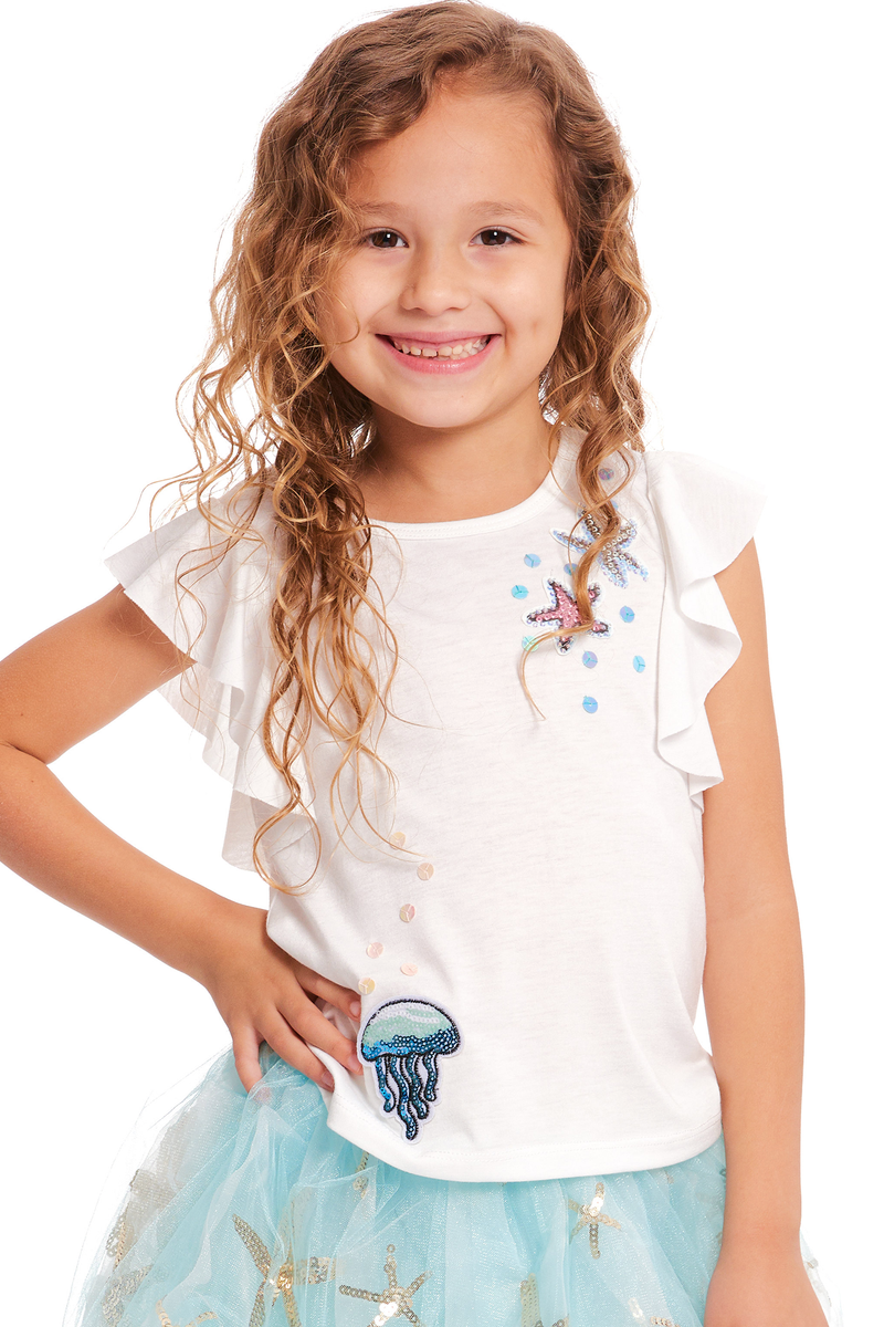 Little Girls Jellyfish and Starfish Ruffled Short Sleeve T-shirt