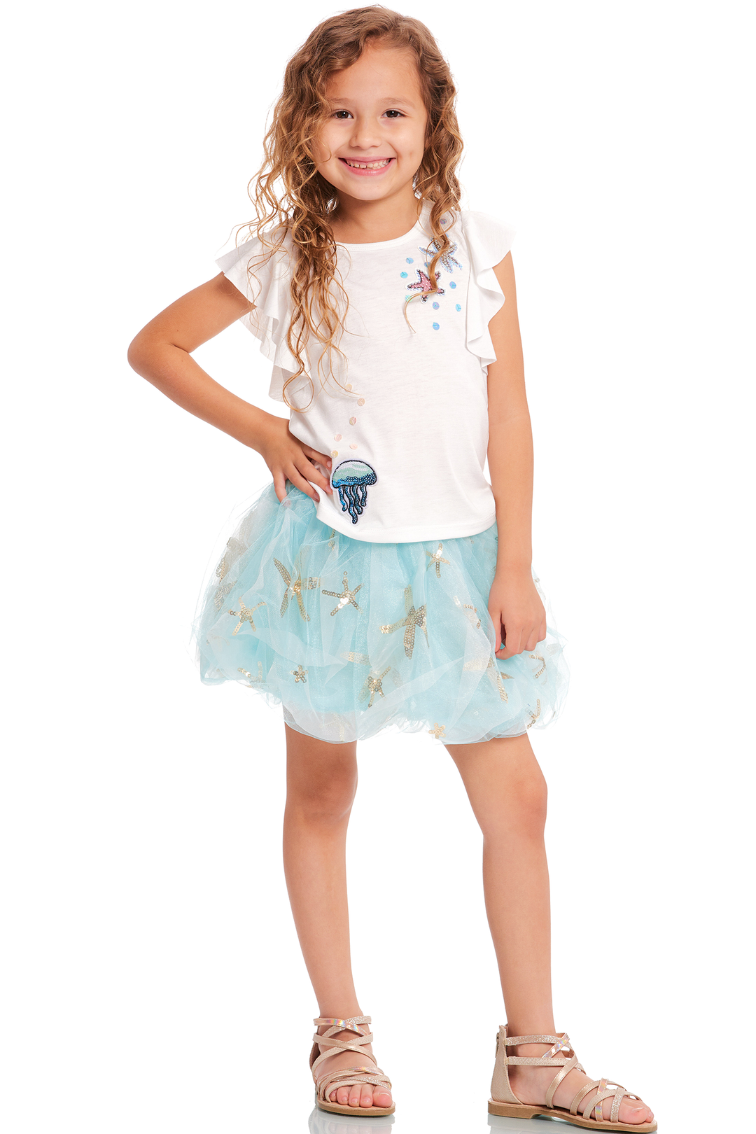 Little Girls Jellyfish and Starfish Ruffled Short Sleeve T-shirt