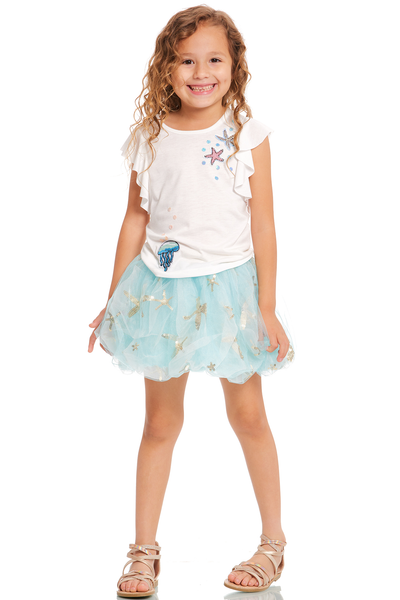 Little Girls Jellyfish and Starfish Ruffled Short Sleeve T-shirt