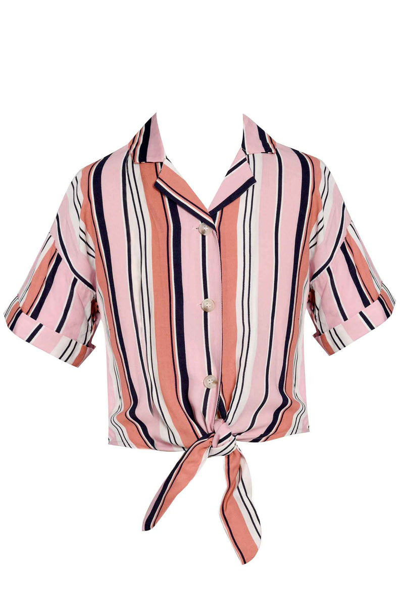 Big Girls Tie-Front Short Sleeve Striped Summer Shirt