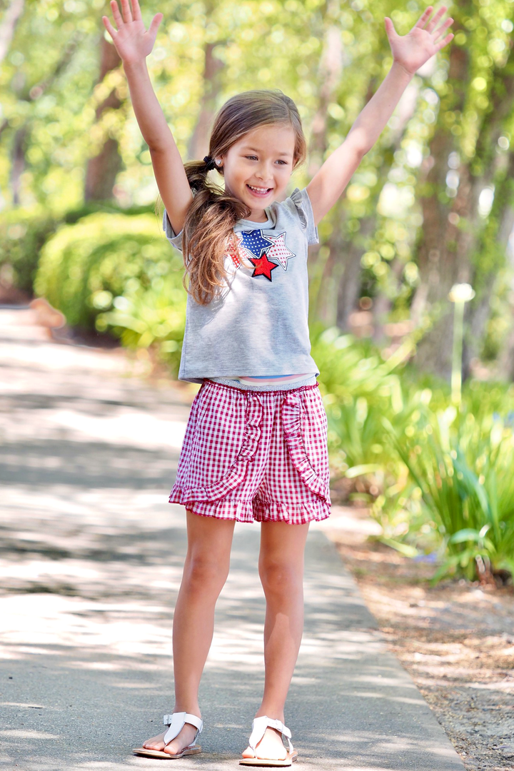 Little Girls 4th of July Red Plaid Frilled Shorts