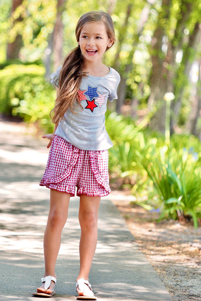 Little Girls 4th of July Red Plaid Frilled Shorts