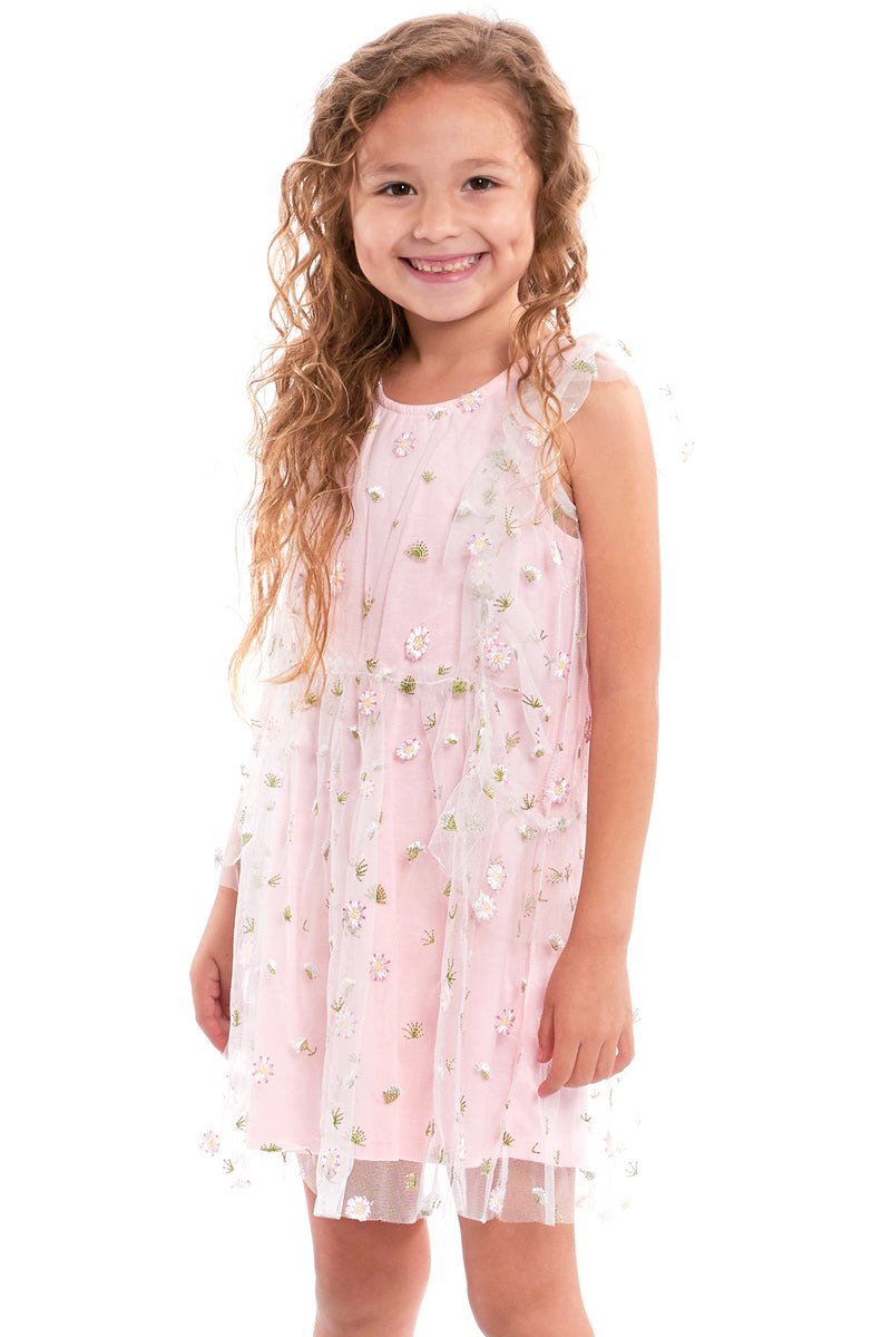 Truly Me Pink Little Girls Floral Embroidery Mesh Dress