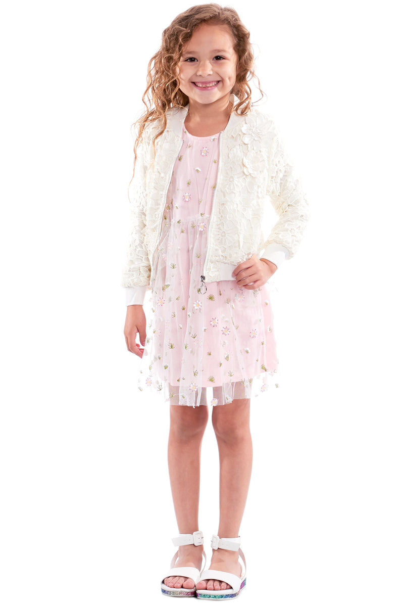 Truly Me Pink Little Girls Floral Embroidery Mesh Dress